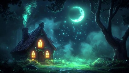 Wall Mural - Enchanted cottage under a mystical moonlit sky
