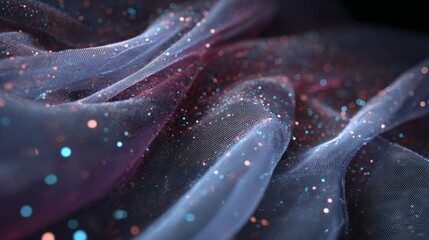 Poster - Abstract close-up of shimmering colorful tulle fabric with glimmering particles on soft pastel background