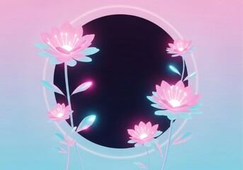 Poster - Glowing Floral Abstract - Pink and blue neon flowers arranged around a dark circle on a pastel gradient background. Modern, stylish and vibrant