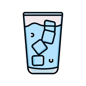 Tall glass of light blue liquid with three blue-tinted ice cubes, black outline, frothy pink top, scattered bubbles, and plain white background.