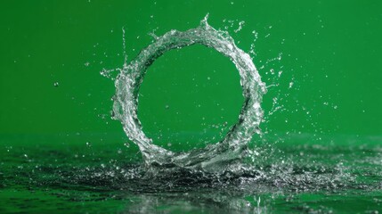 Poster - A stunning splash of water creating a circular formation against a vibrant green background.
