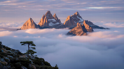 Aufkleber - A dramatic landscape photograph of mountain peaks emerging from a sea of clouds at sunrise.