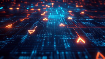 Poster - dynamic display of glowing arrows in a digital network over a techno landscape for visual engagement