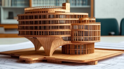 Poster - Crafting a detailed wooden model of an office building architectural showcase indoor environment aerial view fine art concept