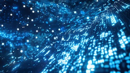Poster - Immersive abstract visualization of glowing blue data patterns flowing in a dark space with sparkling elements.