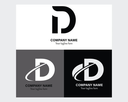 This image displays three variations of a letter D logo, each with a unique color scheme