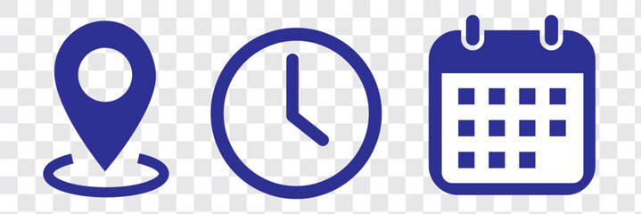 Poster - Place, Time, Date and Notification line icons. Calendar, address location pointer and alarm bell. Notice alert, business schedule and office time clock. Location place, date reminder. Vector