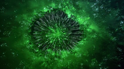 Poster - Dynamic green explosion representing energy and cosmic phenomena, with swirling particles and vibrant textures.