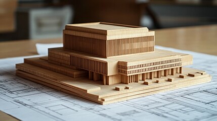 Poster - Handcrafted wooden model of office building interior innovative workspace design for creative projects