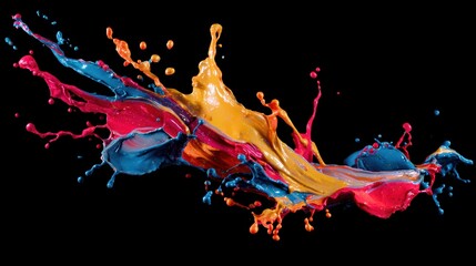 Poster - Vibrant paint splash on a black background showcasing dynamic colors and energy, perfect for creative projects.