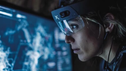 Aufkleber - Female undercover agent wearing augmented reality glasses, analyzing data on a computer screen in a dimly lit room, focused on executing a critical secret mission
