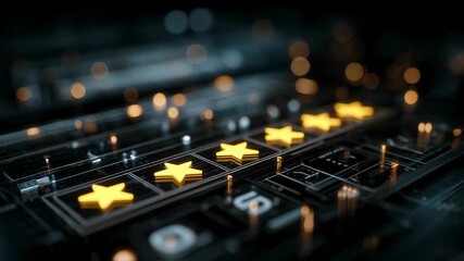 Aufkleber - Five golden stars are emerging from a futuristic microchip, representing excellent customer reviews, innovative technology, and the pursuit of high quality products and services