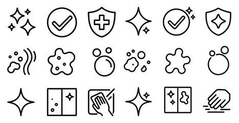 Poster - Series of black and white icons that represent cleaning and hygiene. The icons include a check mark, a cross, a shield, and a hand