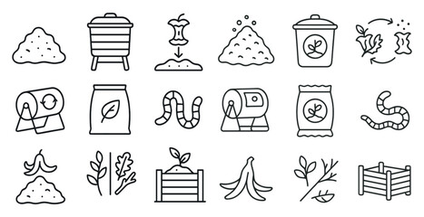 Poster - Series of black and white icons representing various gardening tools and equipment. The icons include a shovel, a rake, a wheelbarrow, and a compost bin