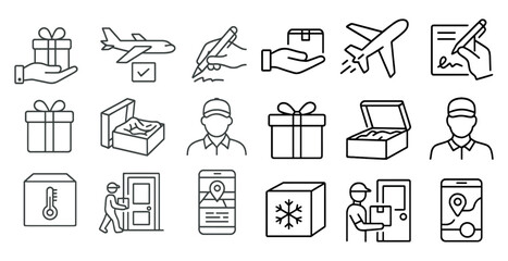 Poster - Series of icons depicting various aspects of shipping and delivery. The icons include a man holding a box, a man holding a pen, a man holding a gift, a man holding a suitcase
