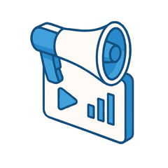 Fototapete - Digital marketing icon shows speaker, volume chart on transparent backdrop. Modern digital marketing attributes a loudspeaker device and statistics on screen, shown with outline details.