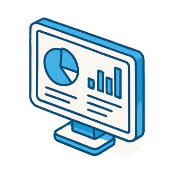 Dashboard overview icon displayed with line art on computer screen with detailed data representation. This dashboard overview shows a simple isometric graphic with a transparent background.