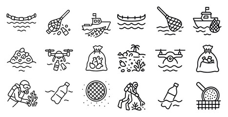 Poster - Series of black and white icons depicting various activities related to the ocean and the environment. The icons include a fishing net, a boat, a person with a net, a person with a fishing pole
