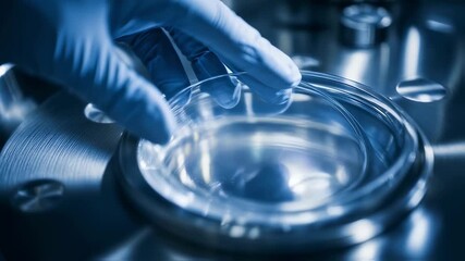 Poster - Gloved hand carefully placing a petri dish into a sophisticated laboratory apparatus, highlighting advancements in scientific research and innovation