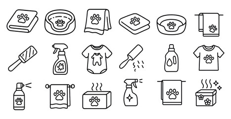 Poster - set of items related to pet care, including a dog bed, a towel, and a bottle of dog shampoo