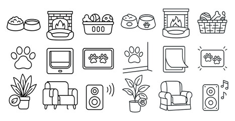 Poster - Set of icons for a home with a fireplace, television, and a cat. The icons include a chair, a plant, a bowl, a basket, a dog, and a cat