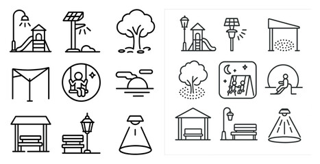 Poster - The image is a collection of various icons representing different elements of a park. The icons include a swing, a tree, a bench, a playground, a park bench, a park pavilion, a park light, a park lamp