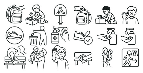 Poster - Series of black and white icons depicting various situations. The icons include a person holding a bottle, a person holding a hand, a person holding a backpack, and a person holding a shoe