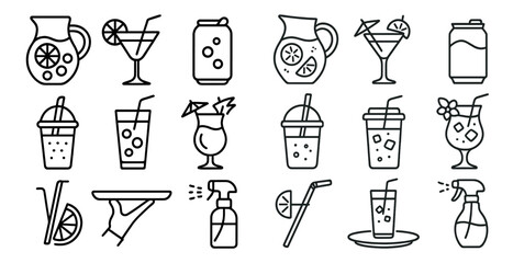 Poster - Set of black and white icons for various drinks and utensils. The icons include cups, straws, and bottles, as well as glasses and spoons. Scene is casual and relaxed