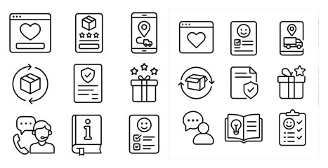 Poster - Set of icons for a website or app, including a heart, a box, a smiley face, and a book