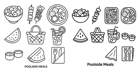 Poster - Poolside meals are served in a variety of dishes and utensils. The food includes a watermelon, a bowl of salad, and a plate of vegetables. There are also utensils such as forks, knives, and spoons