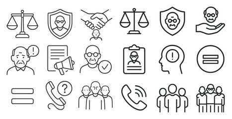 Poster - Set of icons depicting various emotions and situations. The icons include a man with a microphone, a man with a sign, a man with a phone, a man with a hand on his head, a man with a shield