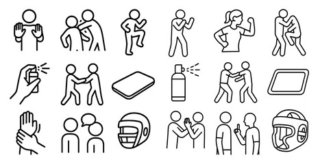 Poster - Series of black and white icons depicting various sports and activities. The icons include a hand with a spray bottle, a person holding a cell phone, a person wearing a helmet