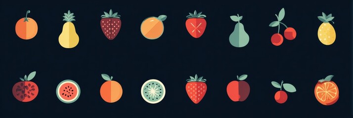 Poster - Colorful Flat Fruits Arranged in Modern UI Style Against a Dark Background With Clear Top Left Margin for Design Flexibility