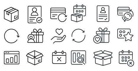 Poster - Set of icons for a calendar, a box, and a card. The icons are all in black and white