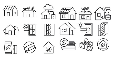 Poster - Series of house icons with a green leaf on the right. The icons include a house with a green roof, a house with a solar panel, a house with a window, and a house with a garden