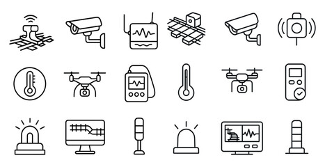Poster - Collection of icons for various electronic devices and equipment, including a camera, a microphone, a computer, a cell phone, a remote control, a TV, a computer monitor, a keyboard, a mouse, a speak
