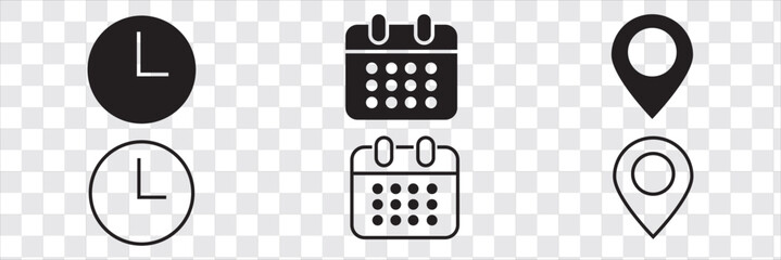 Poster - Time date address icon set collection vector illustration. Event icons vector. Location, Calendar & clock icon. Clock, pin map location, and calendar signs set. Business schedule icons clock calendar.