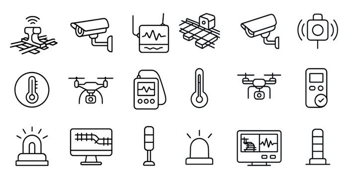 Collection of icons for various electronic devices and equipment, including a camera, a microphone, a computer, a cell phone, a remote control, a TV, a computer monitor, a keyboard, a mouse, a speak