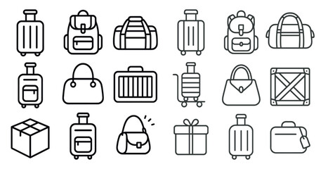Poster - Set of luggage and handbags with a box in the middle. The luggage and handbags are all different sizes and styles, but they all have a similar design. The box in the middle is a simple