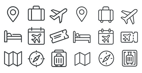 Poster - Set of icons for travel, including a suitcase, a map, and a compass. The icons are all in black and white, giving them a minimalist and modern look. Scene is that of adventure and exploration