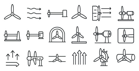 Poster - Series of wind turbine icons are shown in a line. The icons include a propeller, a windmill, and a wind turbine. Scene is one of energy and sustainability