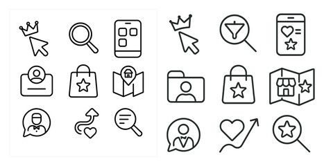 Poster - Set of icons for shopping and navigation. The icons include a magnifying glass, a shopping bag, a heart, a star, a phone, a map, and a person