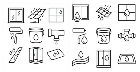 Poster - Set of icons for home improvement projects. The icons include a bucket, a paint roller, a window, and a shower. Scene is practical and informative, as it shows various tools