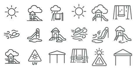 Poster - Series of icons depicting various playground equipment and weather conditions. The icons include a slide, a swing, a sun, a cloud, and a tent. Scene is playful and fun