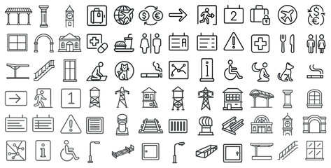 Poster - Collection of icons for various things like buildings, stairs, and food. The icons are all in black and white