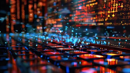 Poster - Close-up of a vibrant computer keyboard illuminated with colorful light patterns and data visuals.