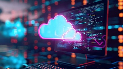 Poster - A vibrant computer screen displaying cloud data visualization against a colorful digital environment.