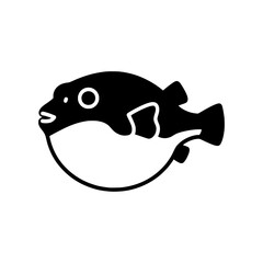 Poster - Simple black silhouette of a pufferfish. Vector graphic icon of a fugu or blowfish isolated on a white background, silhouette