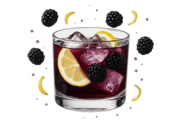 Poster - Blackberry lemonade glass with ice and lemon slices on transparent background.