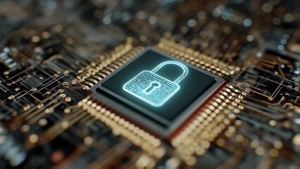 Aufkleber - Microchip showing illuminated digital padlock representing cybersecurity and data protection on a circuit board with golden connections, symbolizing secure network and innovative technology